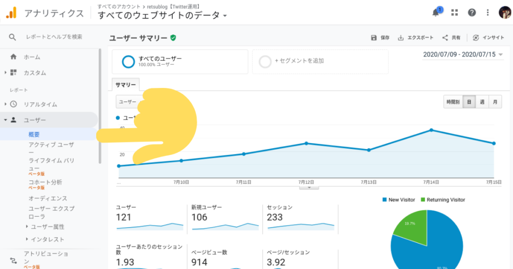 Googleアナリティクスのユーザーと概要画面