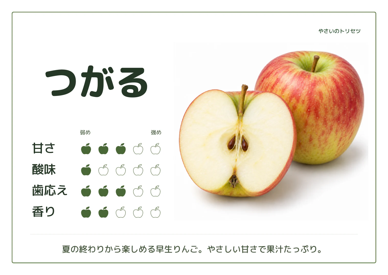 つがる・通常版のB5横POP。甘さ 3 / 酸味 1 / 歯応え 3 / 香り 2。夏の終わりから楽しめる早生りんご。やさしい甘さで果汁たっぷり。