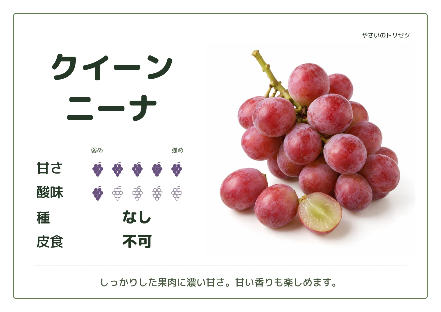 クイーンニーナ・通常版・種なし用。甘さ5・酸味1(5段階)、種なし、皮食不可。しっかりした果肉に濃い甘さ。甘い香りも楽しめます。