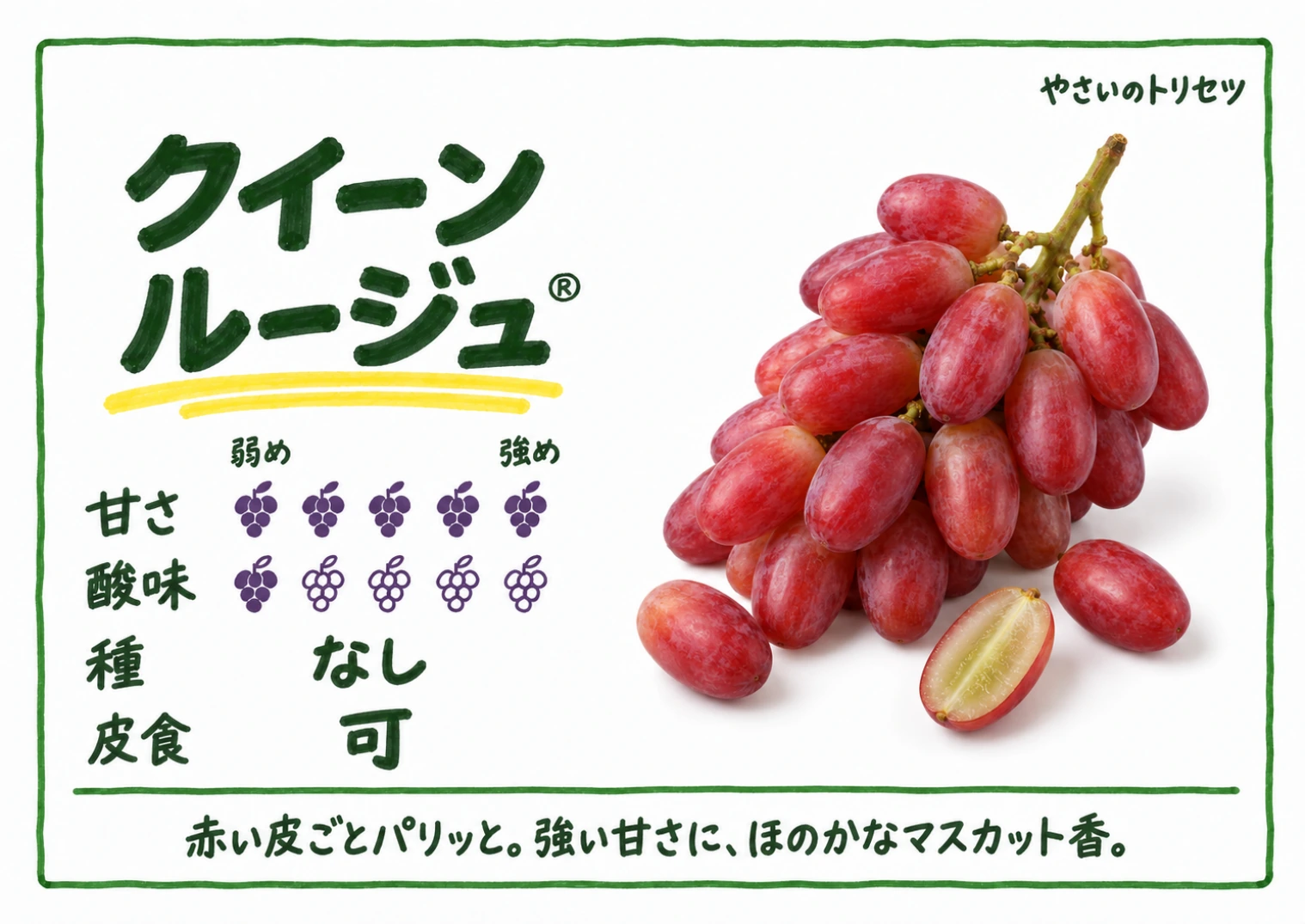 クイーンルージュ・手書き風・種なし用。甘さ5・酸味1(5段階)、種なし、皮食可。赤い皮ごとパリッと。強い甘さに、ほのかなマスカット香。