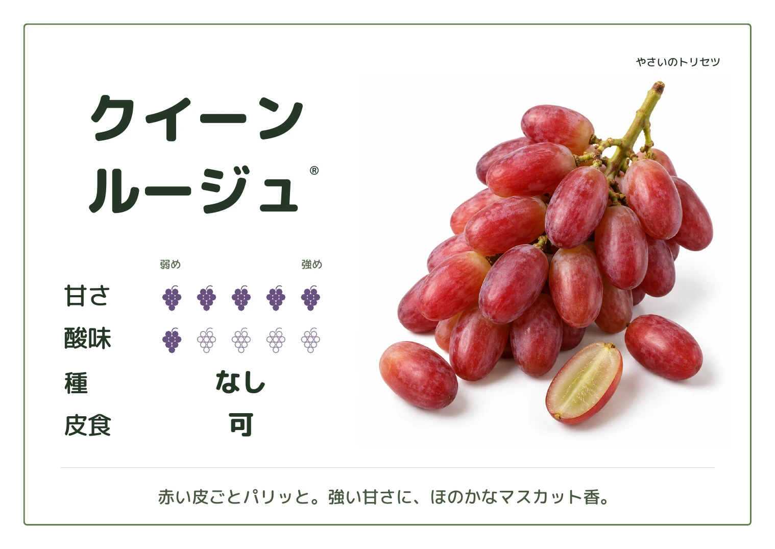 クイーンルージュ・通常版・種なし用。甘さ5・酸味1(5段階)、種なし、皮食可。赤い皮ごとパリッと。強い甘さに、ほのかなマスカット香。