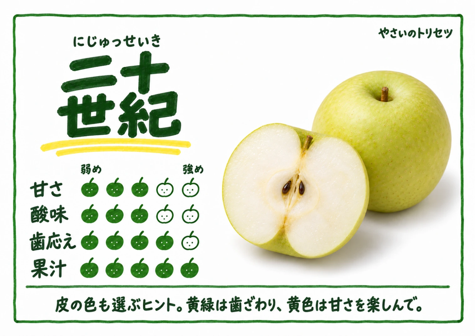 二十世紀・手書き風。甘さ3、酸味3、歯応え4、果汁5、５段階の目安。皮の色も選ぶヒント。黄緑は歯ざわり、黄色は甘さを楽しんで。
