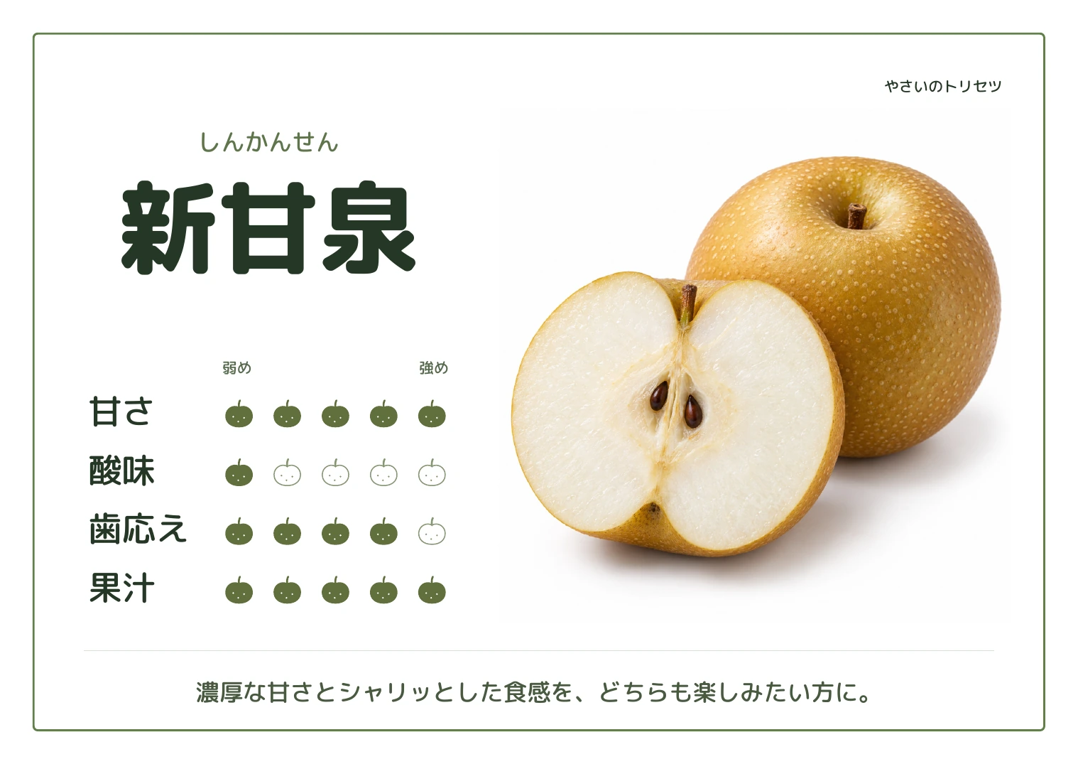 新甘泉・通常版。甘さ5、酸味1、歯応え4、果汁5、５段階の目安。濃厚な甘さとシャリッとした食感を、どちらも楽しみたい方に。