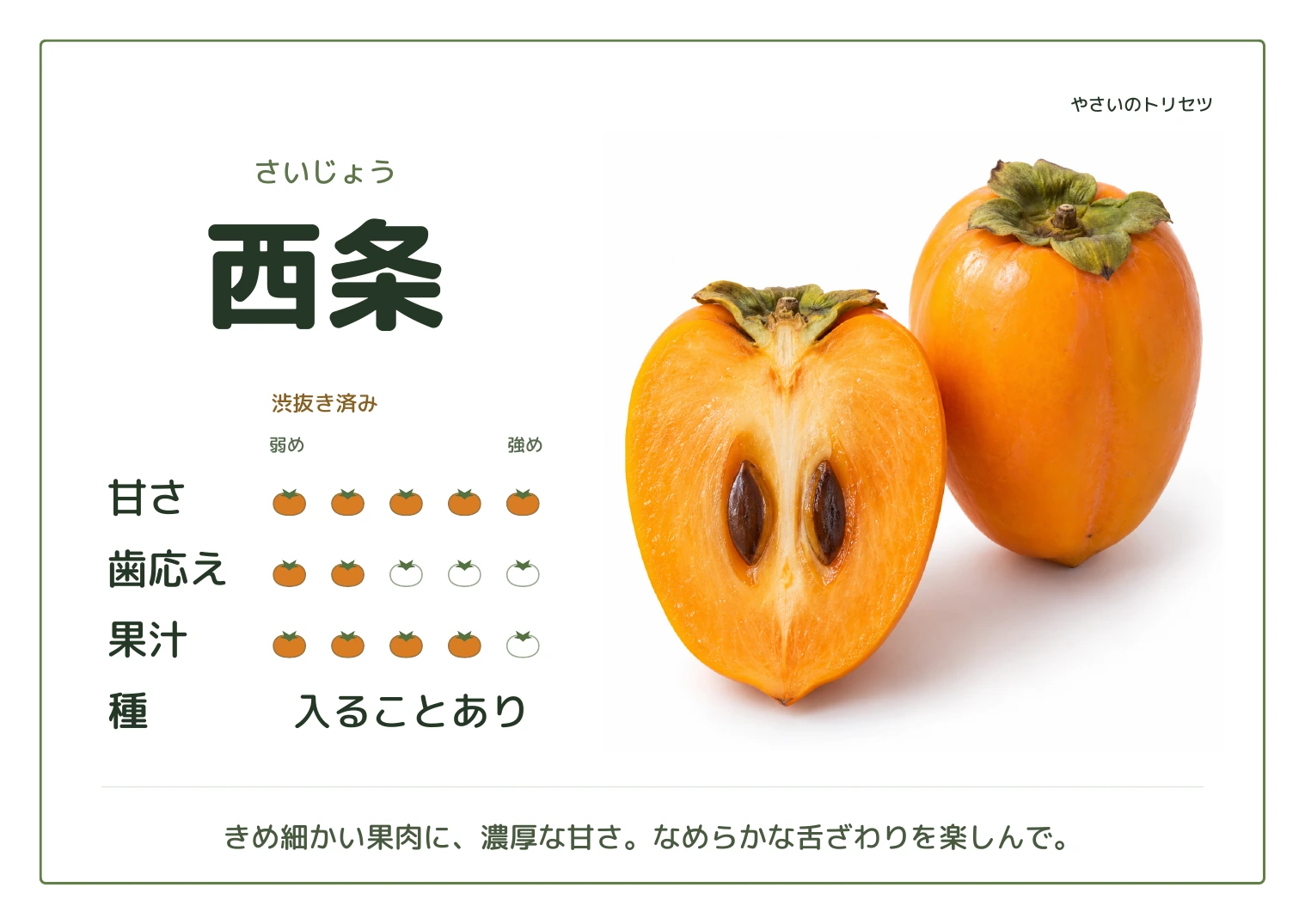 西条・通常版。渋抜き済み。甘さ5、歯応え2、果汁4、５段階の目安。種：入ることあり。きめ細かい果肉に、濃厚な甘さ。なめらかな舌ざわりを楽しんで。