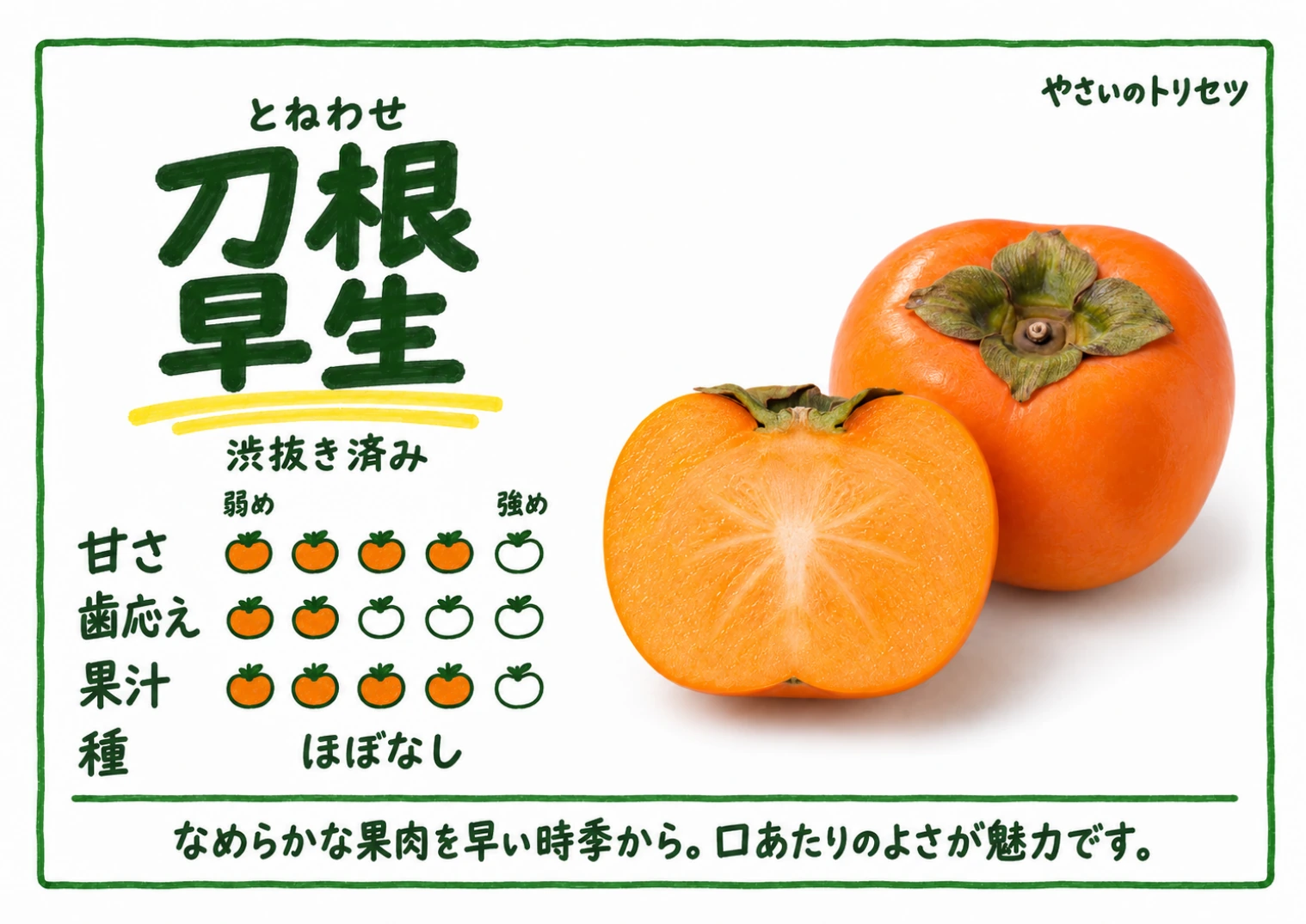 刀根早生・手書き風。渋抜き済み。甘さ4、歯応え2、果汁4、５段階の目安。種：ほぼなし。なめらかな果肉を早い時季から。口あたりのよさが魅力です。