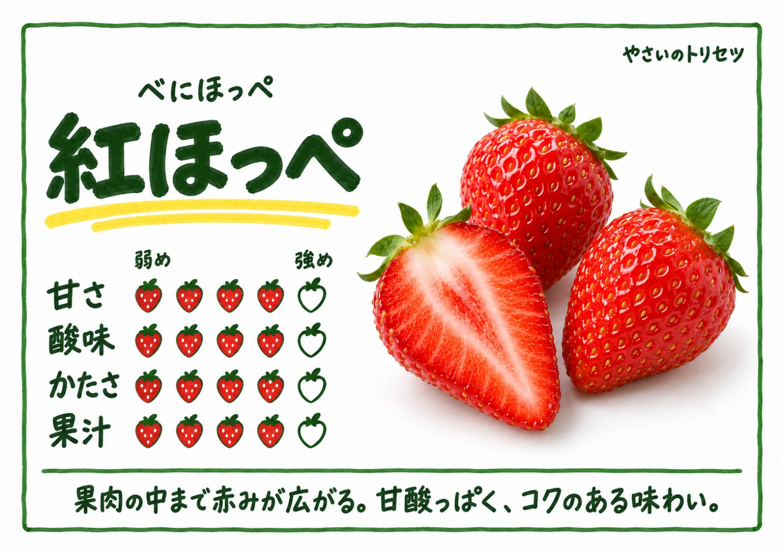 紅ほっぺ・手書き風。甘さ4、酸味4、かたさ4、果汁4、５段階の目安。果肉の中まで赤みが広がる。甘酸っぱく、コクのある味わい。