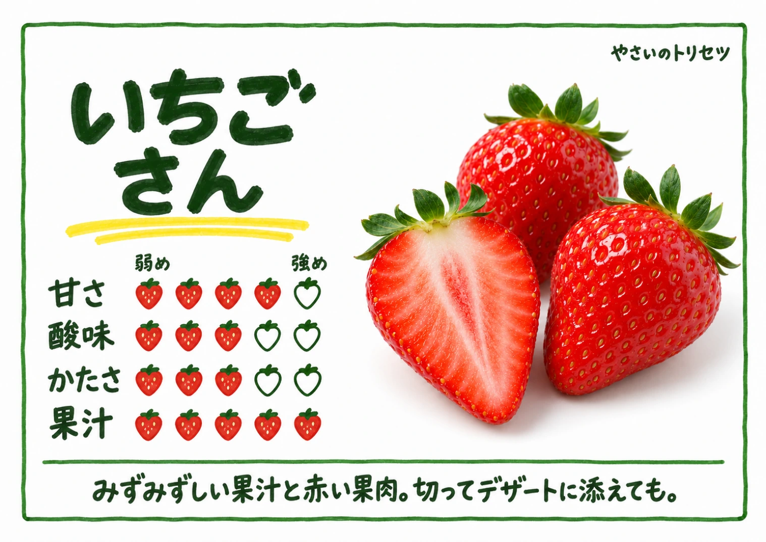 いちごさん・手書き風。甘さ4、酸味3、かたさ3、果汁5、５段階の目安。みずみずしい果汁と赤い果肉。切ってデザートに添えても。