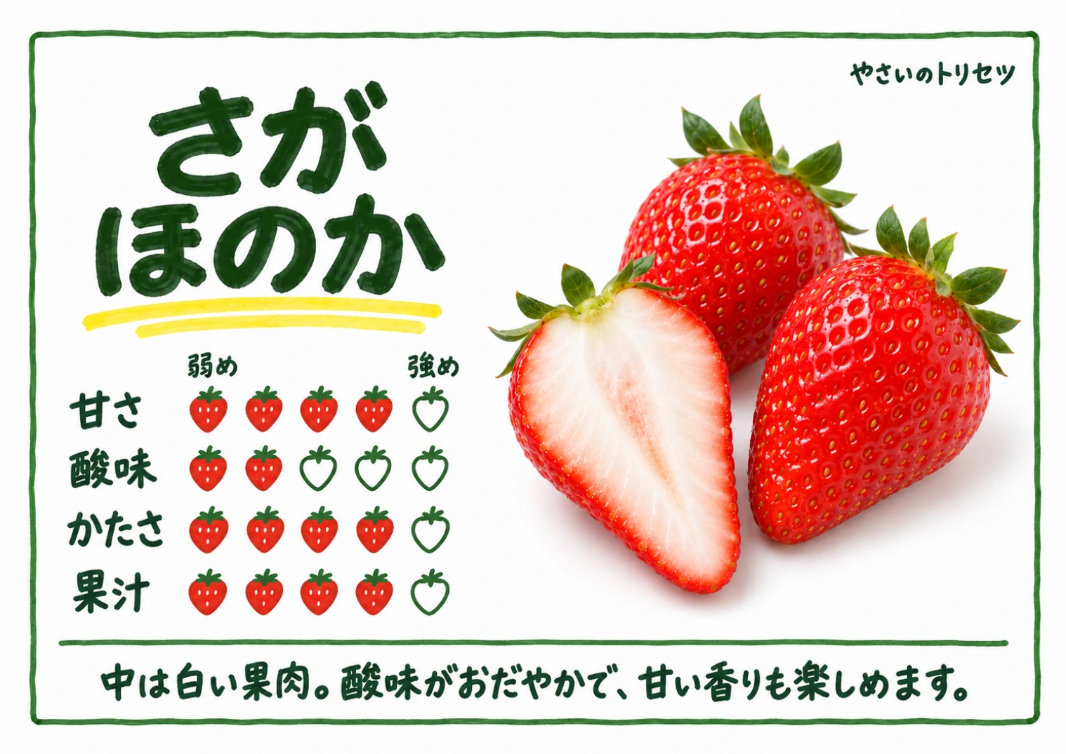 さがほのか・手書き風。甘さ4、酸味2、かたさ4、果汁4、５段階の目安。中は白い果肉。酸味がおだやかで、甘い香りも楽しめます。