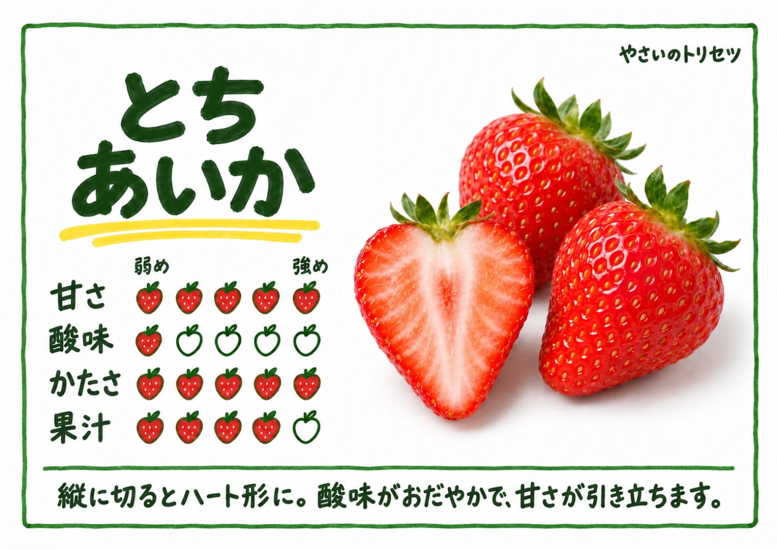 とちあいか・手書き風。甘さ5、酸味1、かたさ5、果汁4、５段階の目安。縦に切るとハート形に。酸味がおだやかで、甘さが引き立ちます。