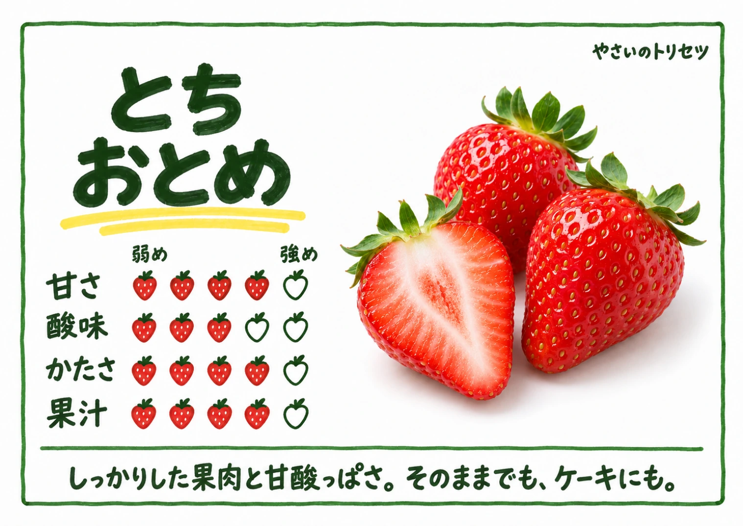 とちおとめ・手書き風。甘さ4、酸味3、かたさ4、果汁4、５段階の目安。しっかりした果肉と甘酸っぱさ。そのままでも、ケーキにも。