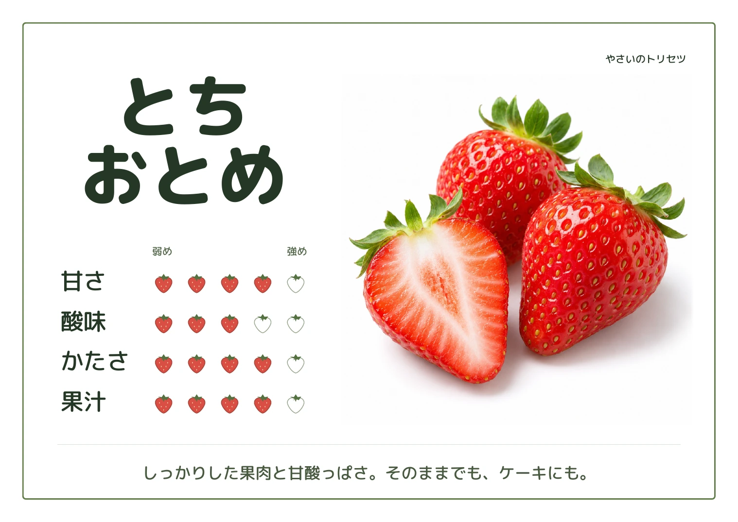 とちおとめ・通常版。甘さ4、酸味3、かたさ4、果汁4、５段階の目安。しっかりした果肉と甘酸っぱさ。そのままでも、ケーキにも。