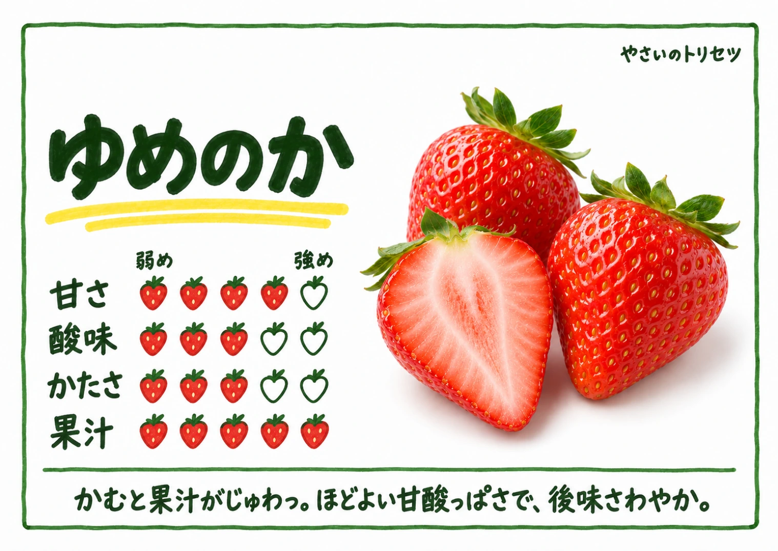 ゆめのか・手書き風。甘さ4、酸味3、かたさ3、果汁5、５段階の目安。かむと果汁がじゅわっ。ほどよい甘酸っぱさで、後味さわやか。