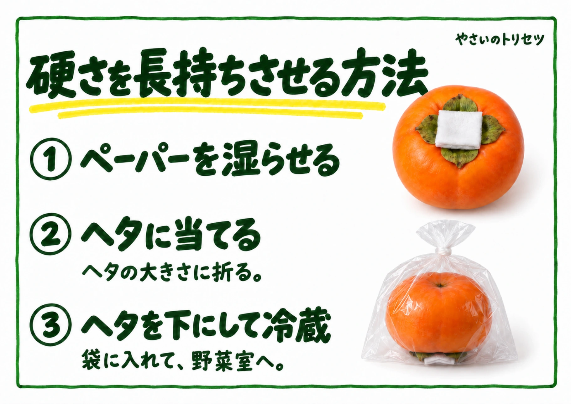硬さを長持ちさせる方法・手書き風の解説POP。湿らせたペーパーをヘタに当て、ヘタを下にして冷蔵する方法です。